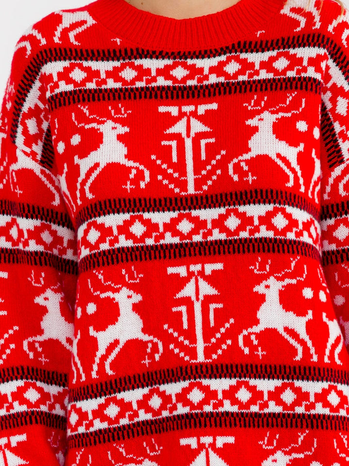 WOMEN'S LONG SLEEVE MULTI PRINT PULLOVER HOLIDAY SWEATER