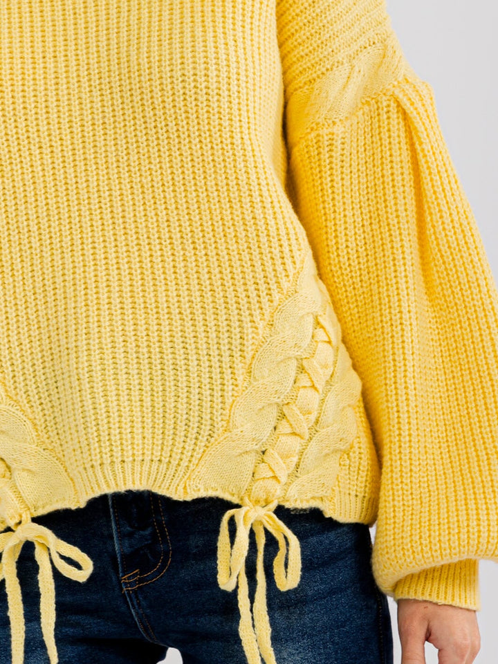 WOMEN'S LONG SLEEVE LACE UP DETAILED PULLOVER SWEATER