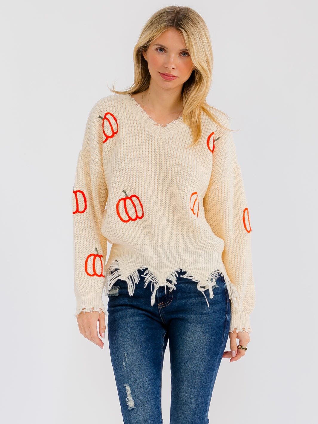 WOMEN'S LONG SLEEVE V-NECK RAW EDGE PUMPKIN PRINT PULLOVER SWEATER