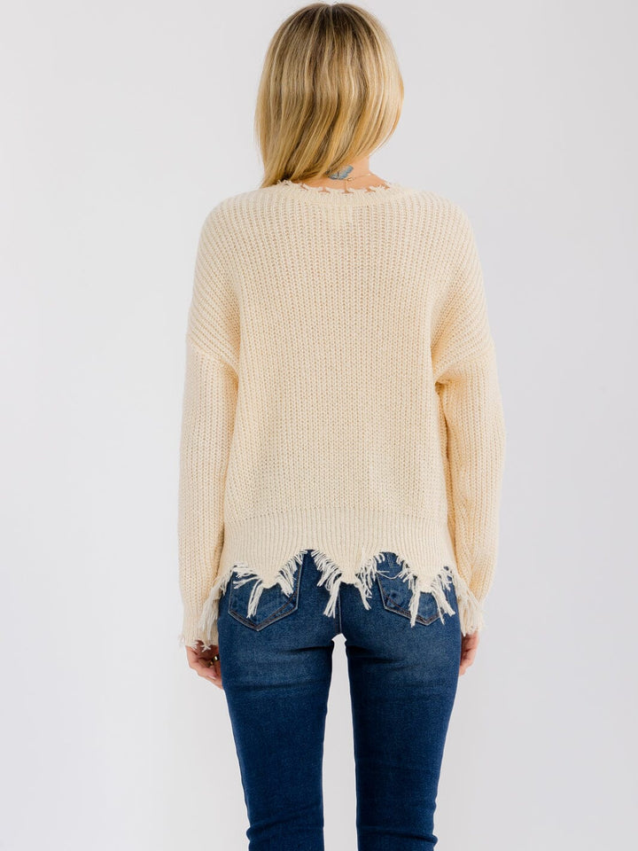WOMEN'S LONG SLEEVE V-NECK RAW EDGE PUMPKIN PRINT PULLOVER SWEATER