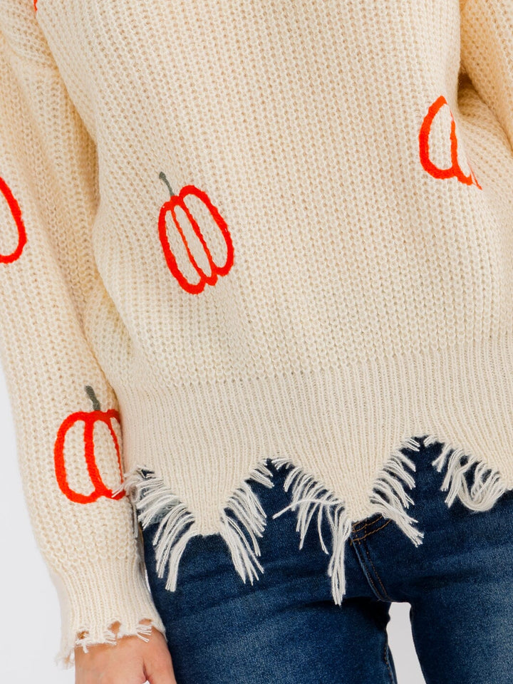 WOMEN'S LONG SLEEVE V-NECK RAW EDGE PUMPKIN PRINT PULLOVER SWEATER