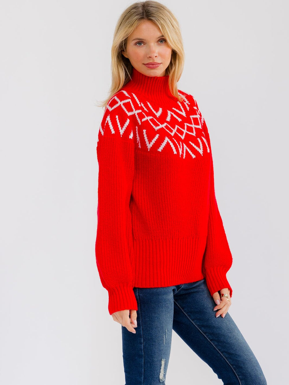 WOMEN'S LONG SLEEVE TURTLE NECK PRINT PULLOVER SWEATER