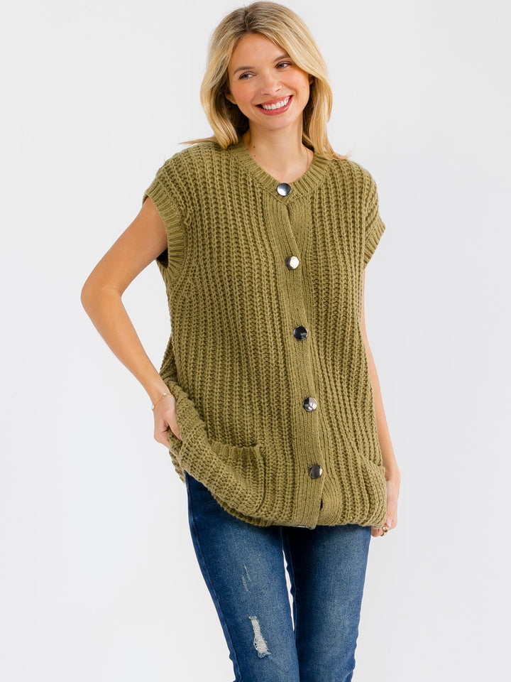 WOMEN'S SLEEVELESS BUTTON CLOSURE FRONT POCKETS SWEATER VEST