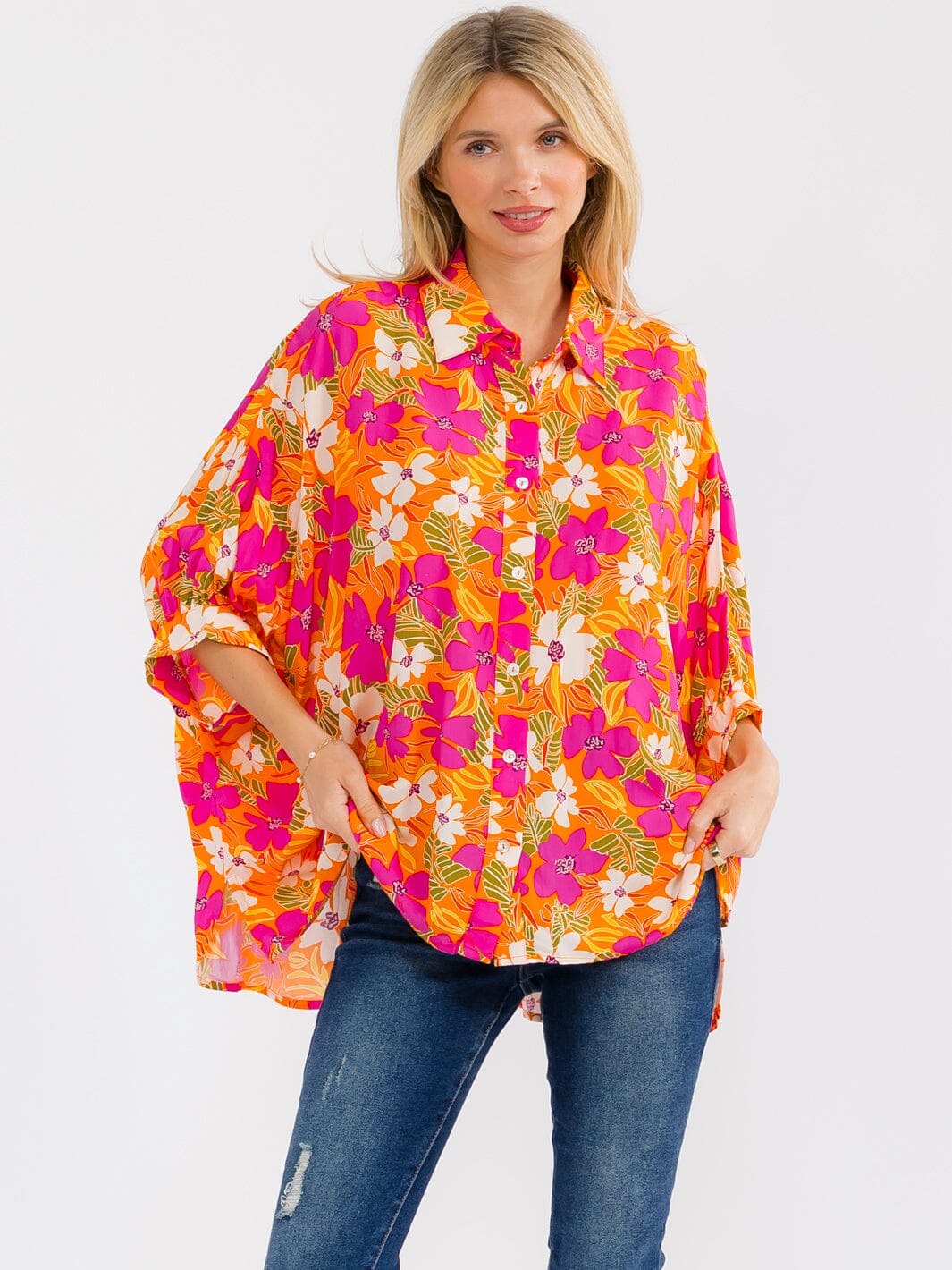 WOMEN'S SHORT SLEEVE BUTTON UP LOOSE FIT FLORAL PRINT BLOUSE