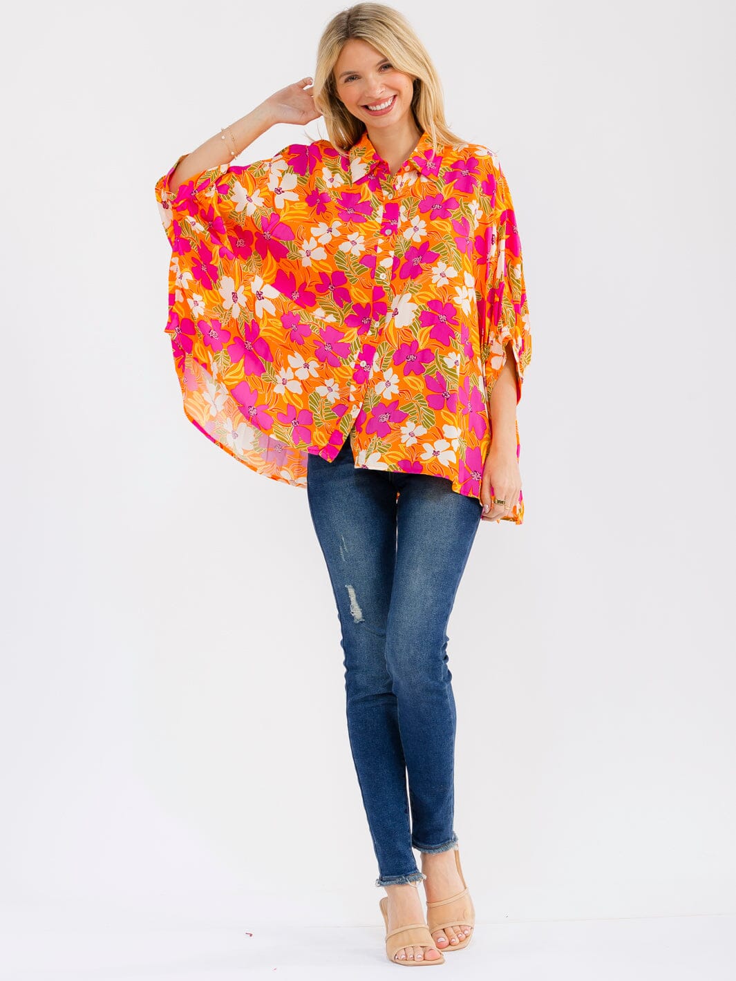 WOMEN'S SHORT SLEEVE BUTTON UP LOOSE FIT FLORAL PRINT BLOUSE