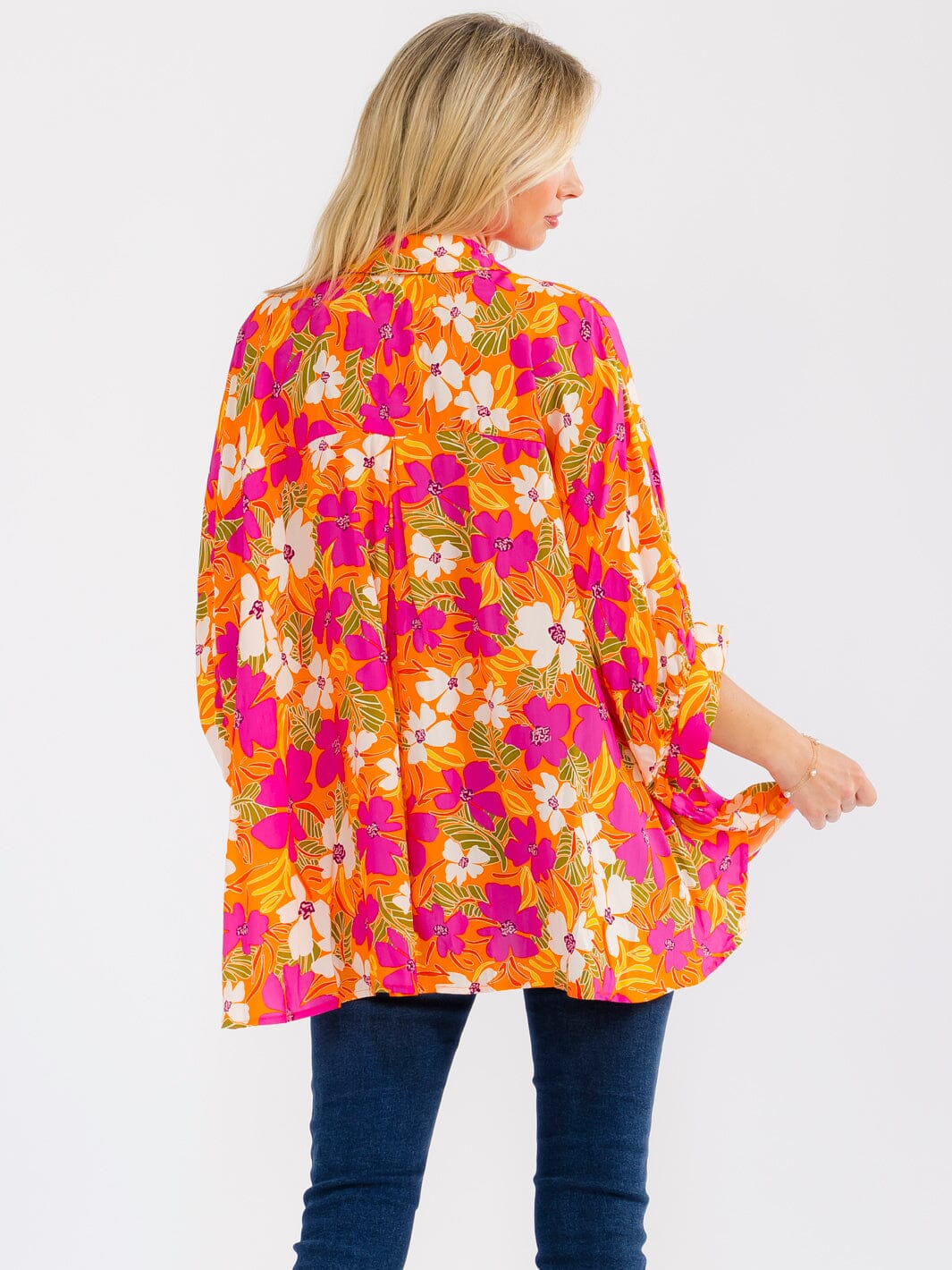 WOMEN'S SHORT SLEEVE BUTTON UP LOOSE FIT FLORAL PRINT BLOUSE
