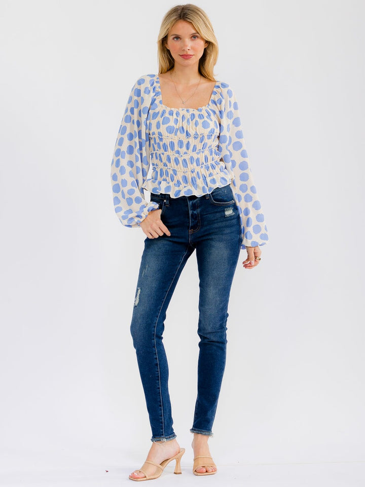 WOMEN'S LONG BALLON SLEEVE SQUARE NECK POLKA DOTS BODYSUIT