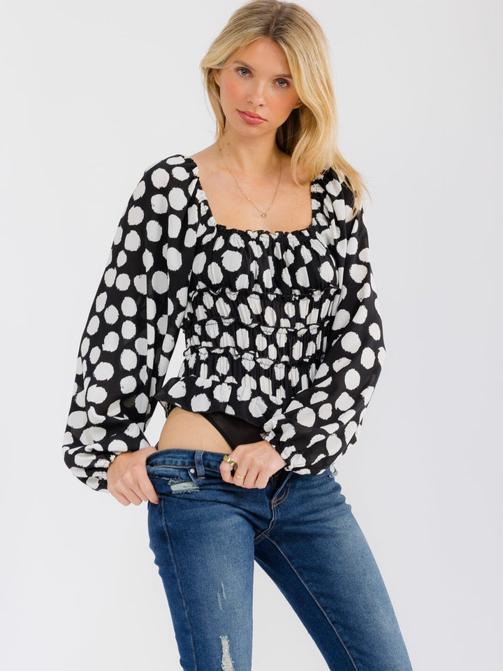 WOMEN'S LONG BALLON SLEEVE SQUARE NECK POLKA DOTS BODYSUIT