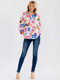 WOMEN'S 3/4 SLEEVE BUTTON UP MULTI PRINT BLOUSE