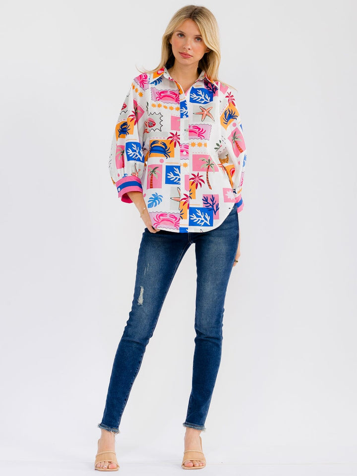 WOMEN'S 3/4 SLEEVE BUTTON UP MULTI PRINT BLOUSE