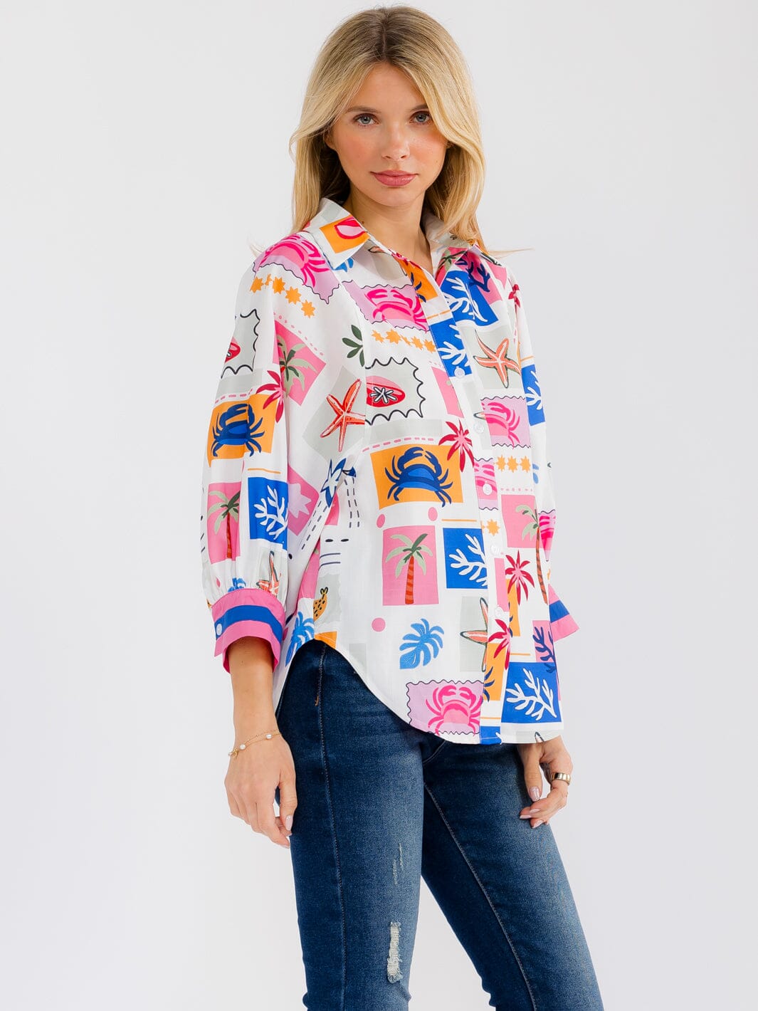 WOMEN'S 3/4 SLEEVE BUTTON UP MULTI PRINT BLOUSE
