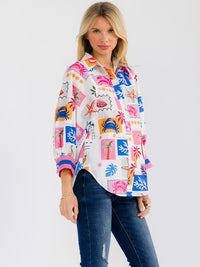 WOMEN'S 3/4 SLEEVE BUTTON UP MULTI PRINT BLOUSE