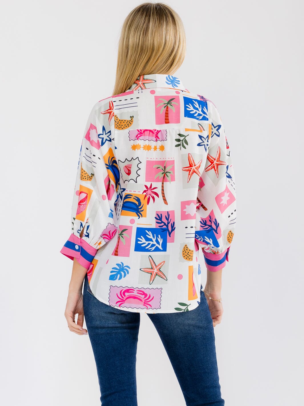 WOMEN'S 3/4 SLEEVE BUTTON UP MULTI PRINT BLOUSE