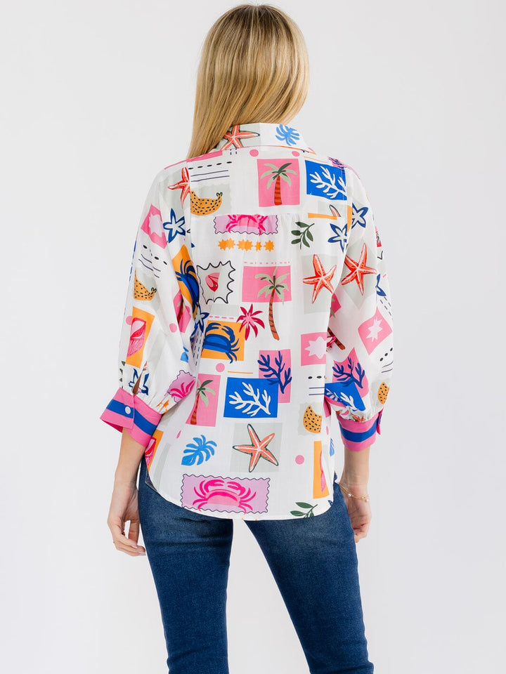 WOMEN'S 3/4 SLEEVE BUTTON UP MULTI PRINT BLOUSE