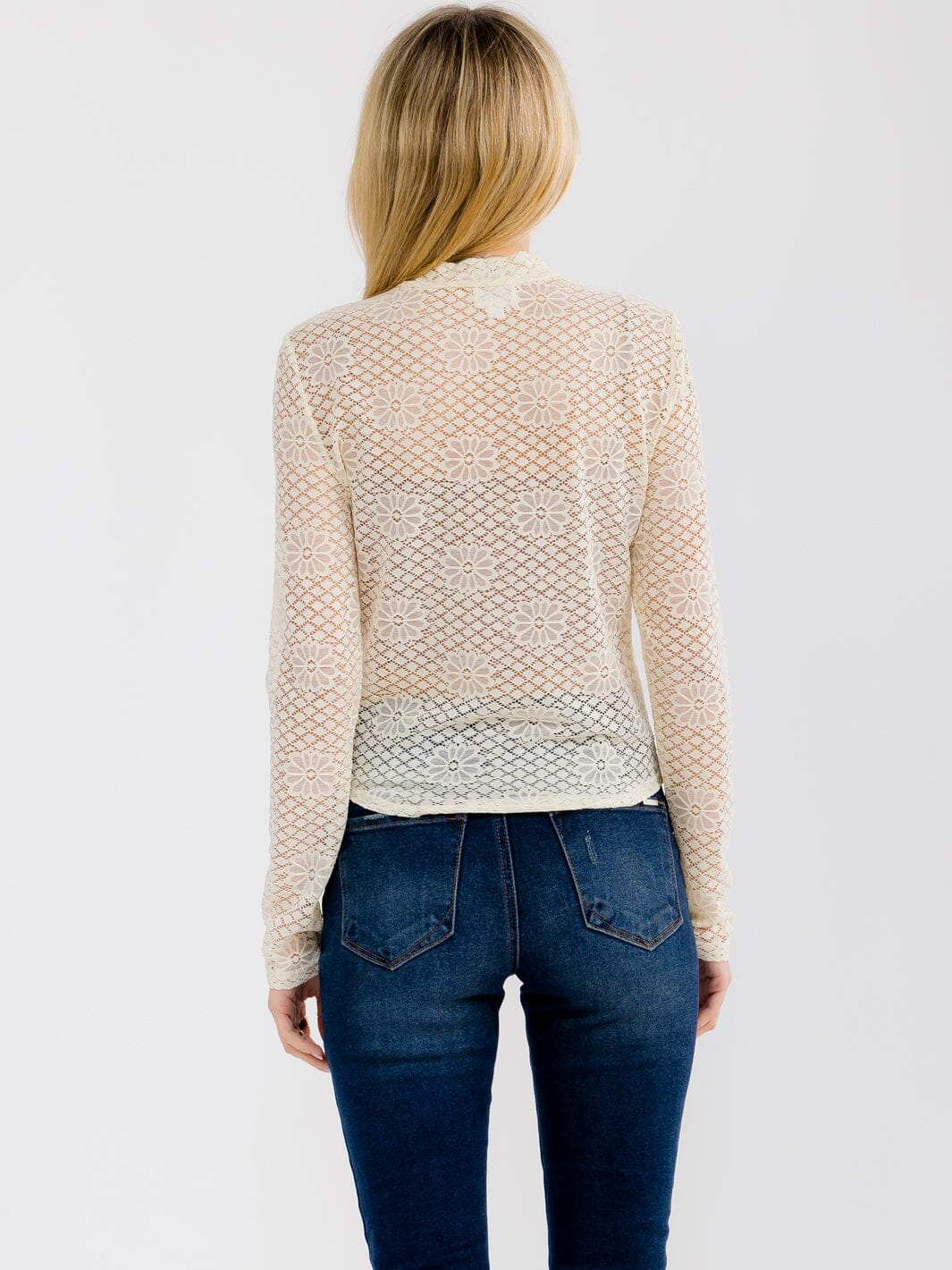 WOMEN'S LONG SLEEVE MOCK NECK CROCHET TOP