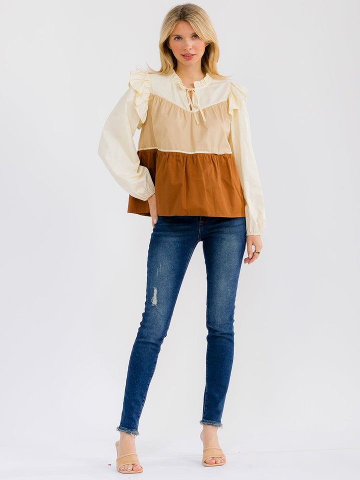 WOMEN'S LONG SLEEVE V-NECK TIERED COLORBLOCK BLOUSE