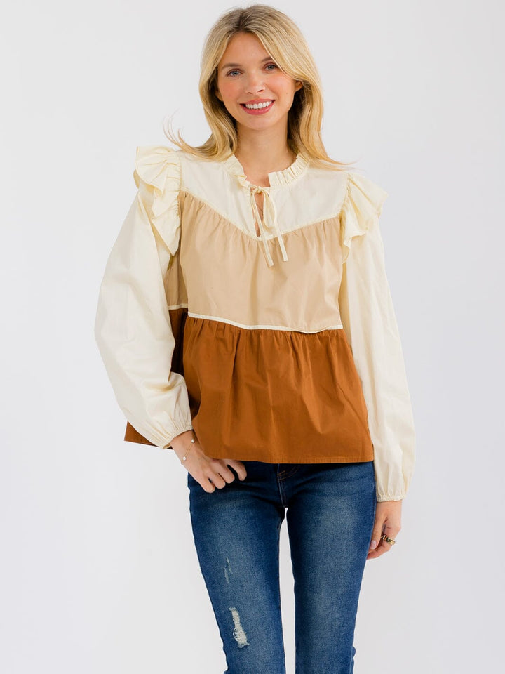 WOMEN'S LONG SLEEVE V-NECK TIERED COLORBLOCK BLOUSE