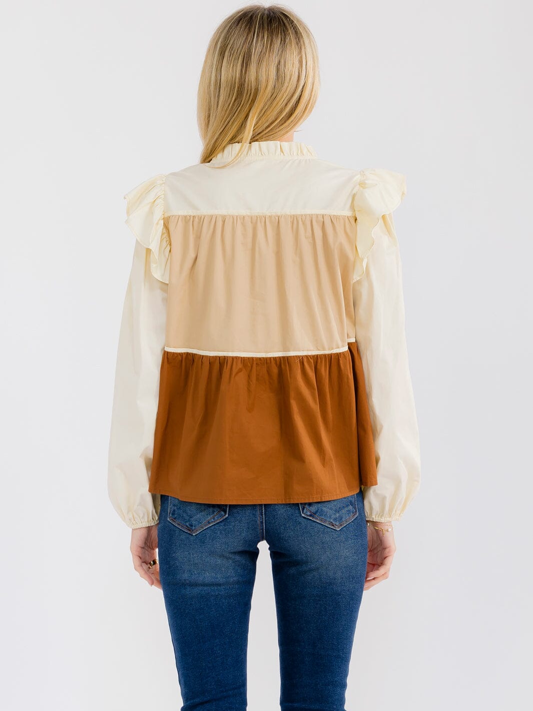 WOMEN'S LONG SLEEVE V-NECK TIERED COLORBLOCK BLOUSE
