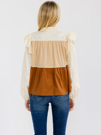 WOMEN'S LONG SLEEVE V-NECK TIERED COLORBLOCK BLOUSE