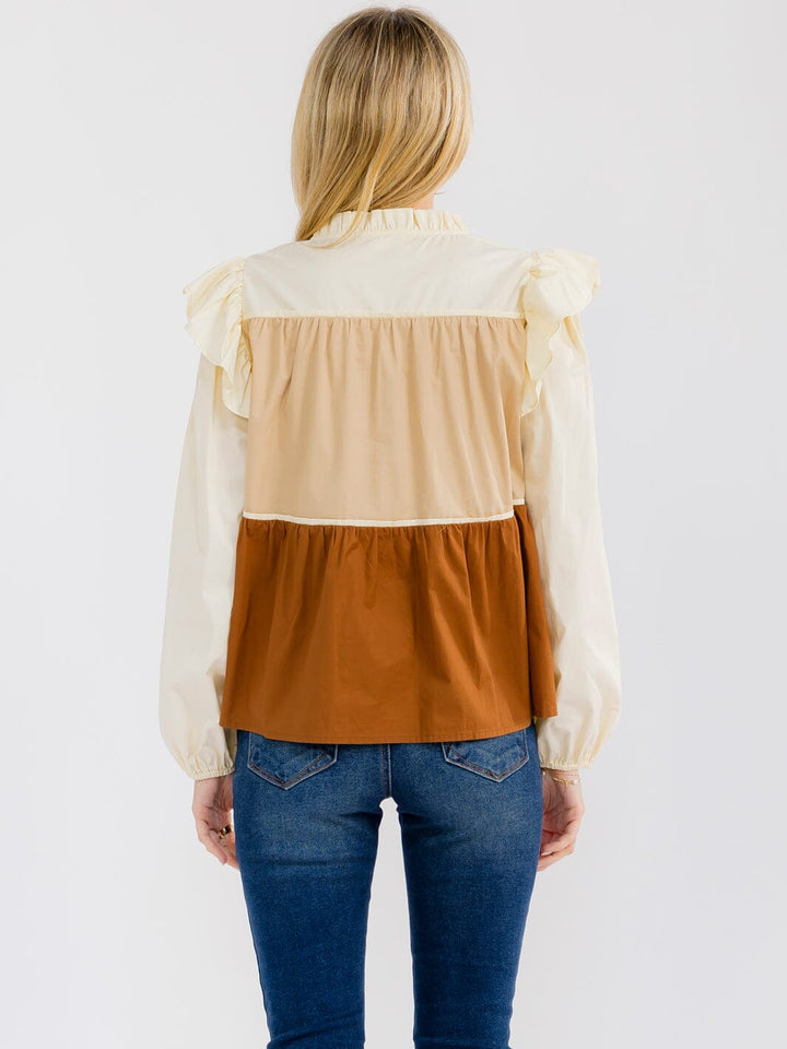 WOMEN'S LONG SLEEVE V-NECK TIERED COLORBLOCK BLOUSE