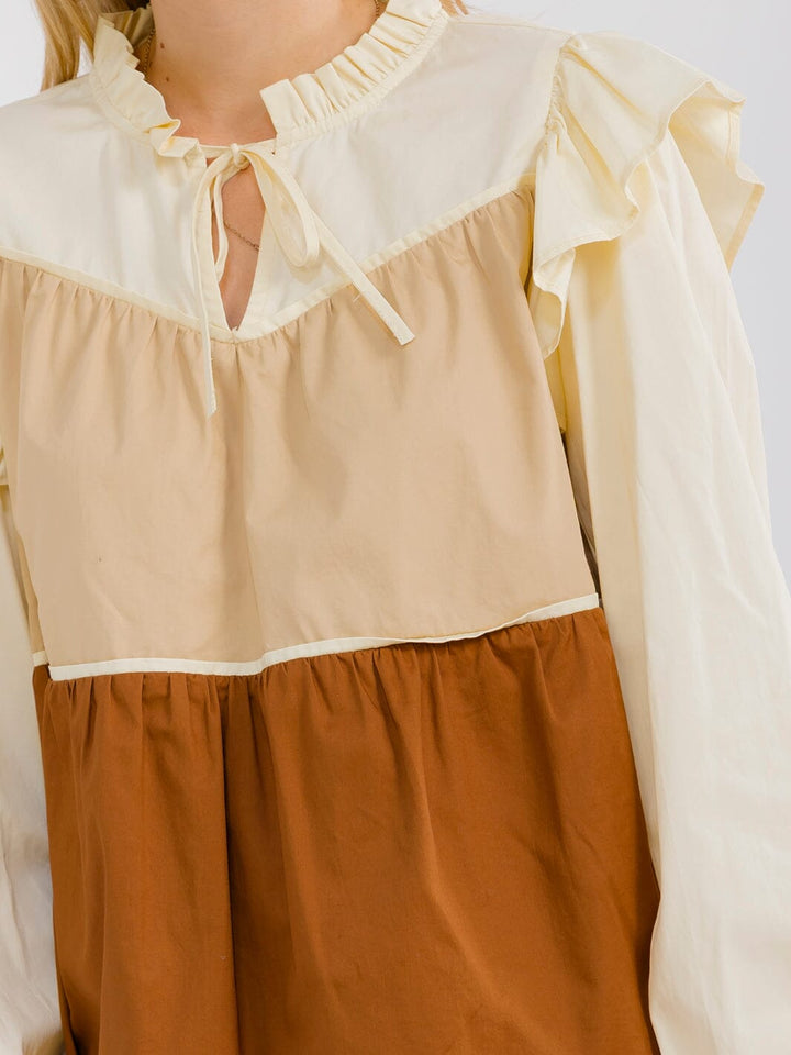 WOMEN'S LONG SLEEVE V-NECK TIERED COLORBLOCK BLOUSE