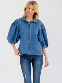 WOMEN'S SHORT PUFF SLEEVE BUTTON CLOSURE DENIM BLOUSE