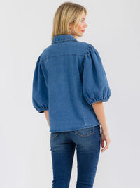 WOMEN'S SHORT PUFF SLEEVE BUTTON CLOSURE DENIM BLOUSE
