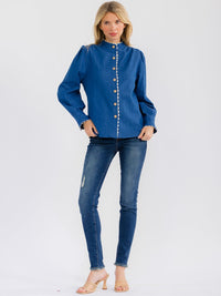 WOMEN'S LONG SLEEVE BUTTON CLOSURE TRIM DETAILED DENIM BLOUSE