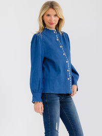 WOMEN'S LONG SLEEVE BUTTON CLOSURE TRIM DETAILED DENIM BLOUSE