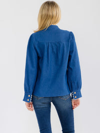 WOMEN'S LONG SLEEVE BUTTON CLOSURE TRIM DETAILED DENIM BLOUSE