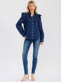 WOMEN'S LONG SLEEVE BUTTON CLOSURE RUFFLE DENIM BLOUSE