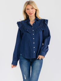 WOMEN'S LONG SLEEVE BUTTON CLOSURE RUFFLE DENIM BLOUSE