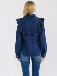 WOMEN'S LONG SLEEVE BUTTON CLOSURE RUFFLE DENIM BLOUSE