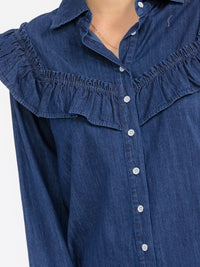 WOMEN'S LONG SLEEVE BUTTON CLOSURE RUFFLE DENIM BLOUSE