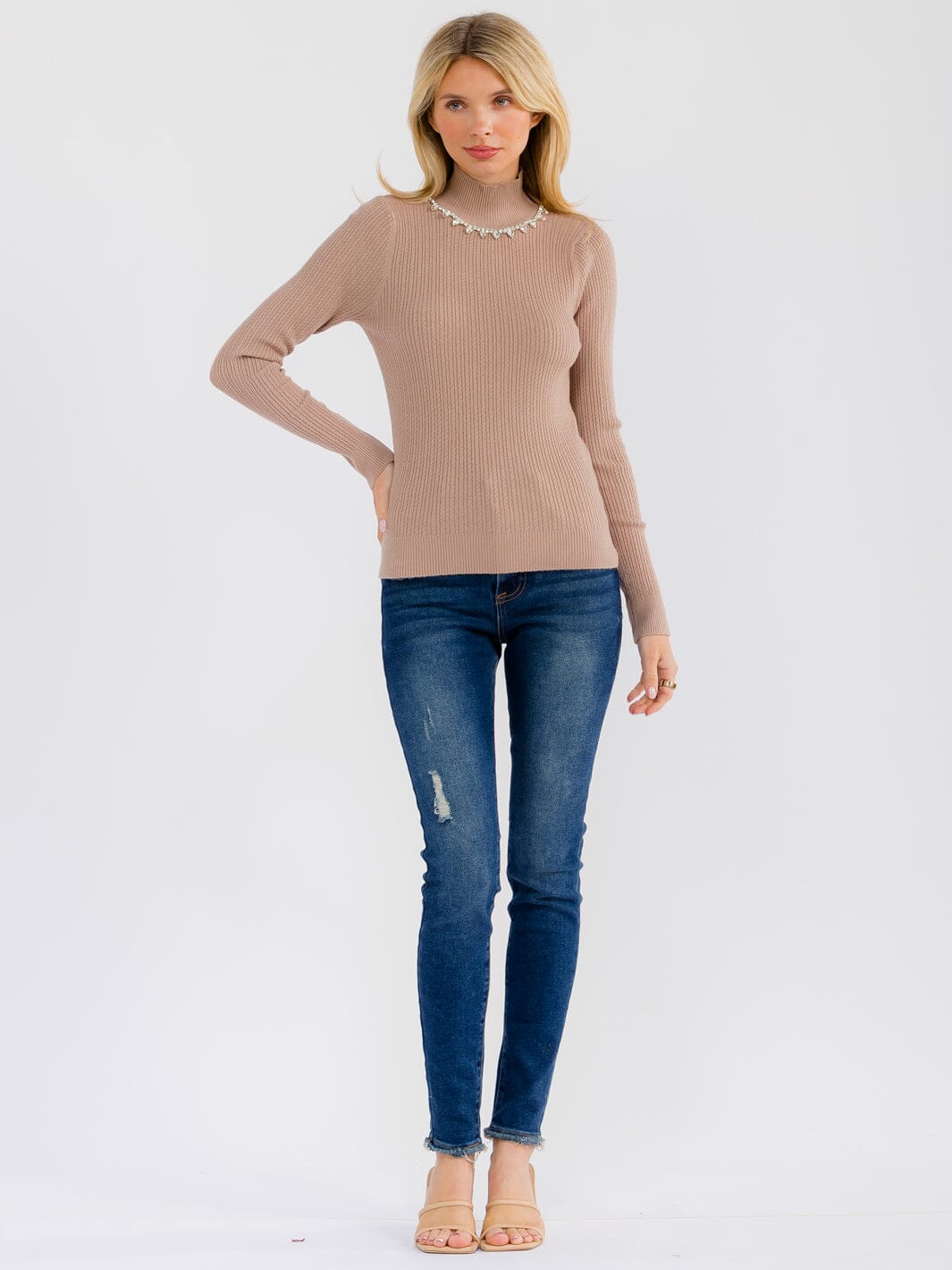 WOMEN'S LONG SLEEVE TURTLE NECK RHINESTONES DETAILED BLOUSE