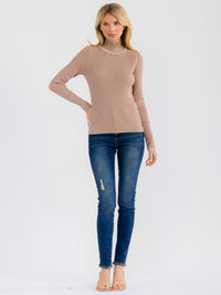 WOMEN'S LONG SLEEVE TURTLE NECK RHINESTONES DETAILED BLOUSE