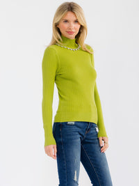 WOMEN'S LONG SLEEVE TURTLE NECK RHINESTONES DETAILED BLOUSE