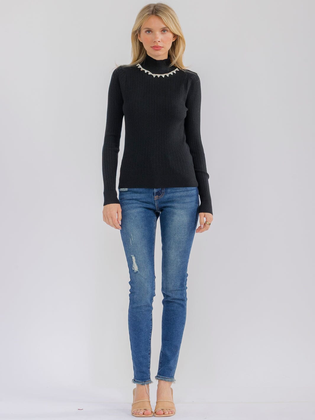 WOMEN'S LONG SLEEVE TURTLE NECK RHINESTONES DETAILED BLOUSE