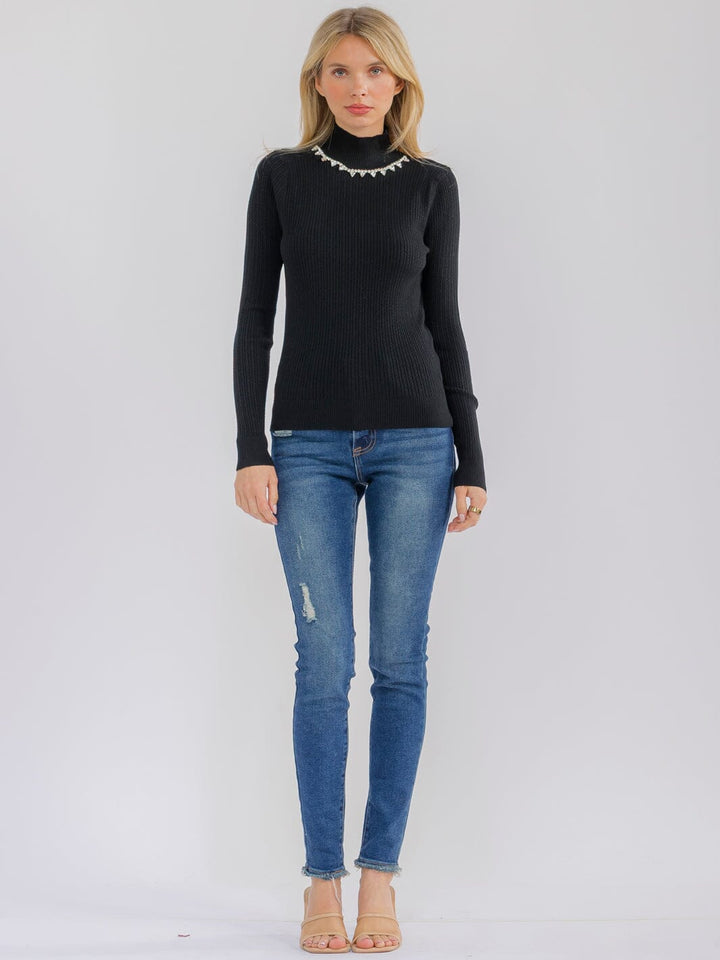 WOMEN'S LONG SLEEVE TURTLE NECK RHINESTONES DETAILED BLOUSE