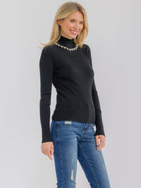 WOMEN'S LONG SLEEVE TURTLE NECK RHINESTONES DETAILED BLOUSE