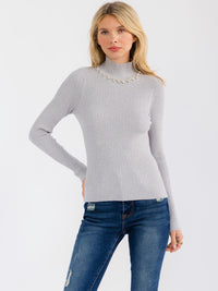 WOMEN'S LONG SLEEVE TURTLE NECK RHINESTONES DETAILED BLOUSE