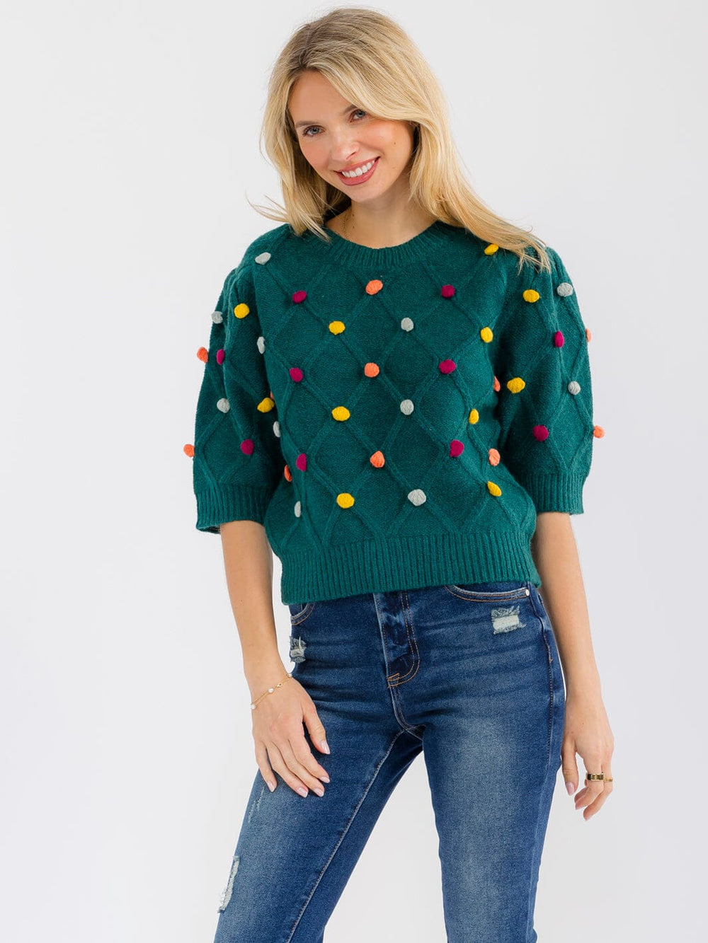 WOMEN'S SHORT SLEEVE POM POM DETAILED SWEATER BLOUSE