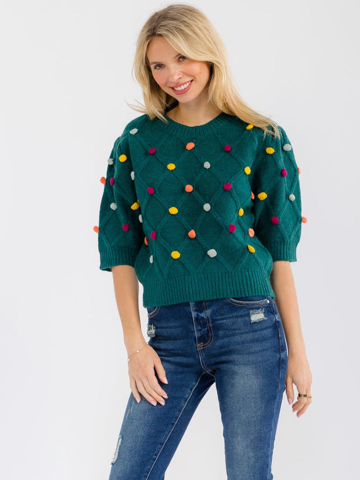WOMEN'S SHORT SLEEVE POM POM DETAILED SWEATER BLOUSE