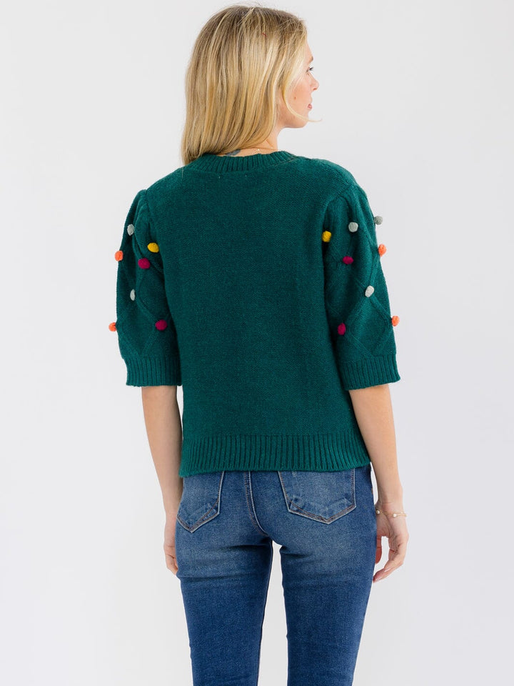 WOMEN'S SHORT SLEEVE POM POM DETAILED SWEATER BLOUSE