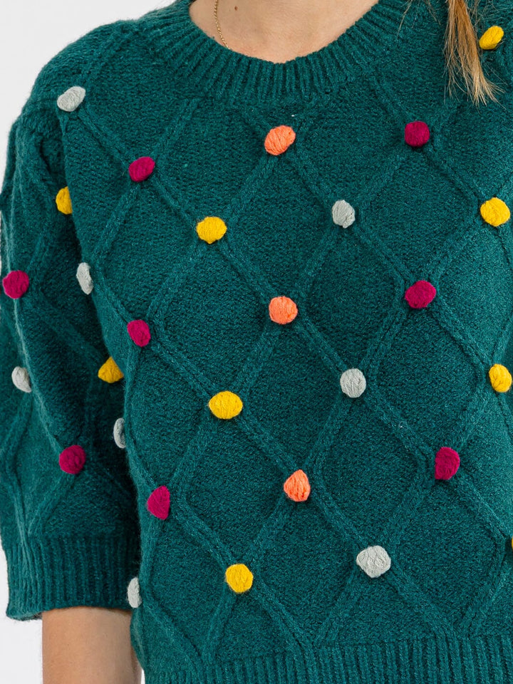 WOMEN'S SHORT SLEEVE POM POM DETAILED SWEATER BLOUSE
