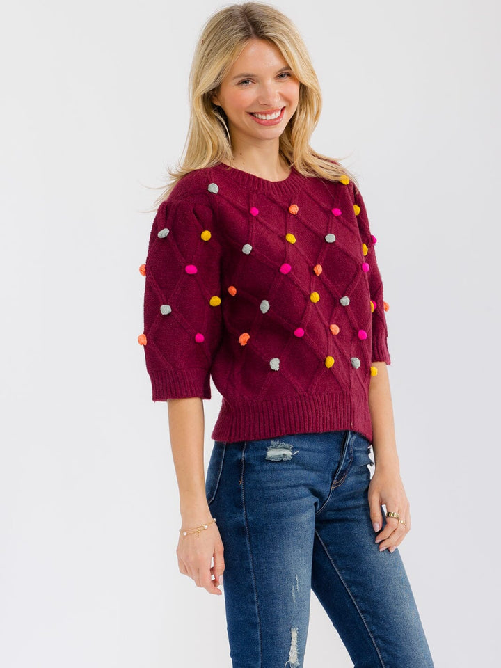 WOMEN'S SHORT SLEEVE POM POM DETAILED SWEATER BLOUSE