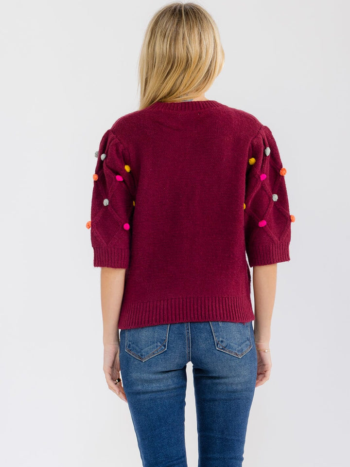 WOMEN'S SHORT SLEEVE POM POM DETAILED SWEATER BLOUSE