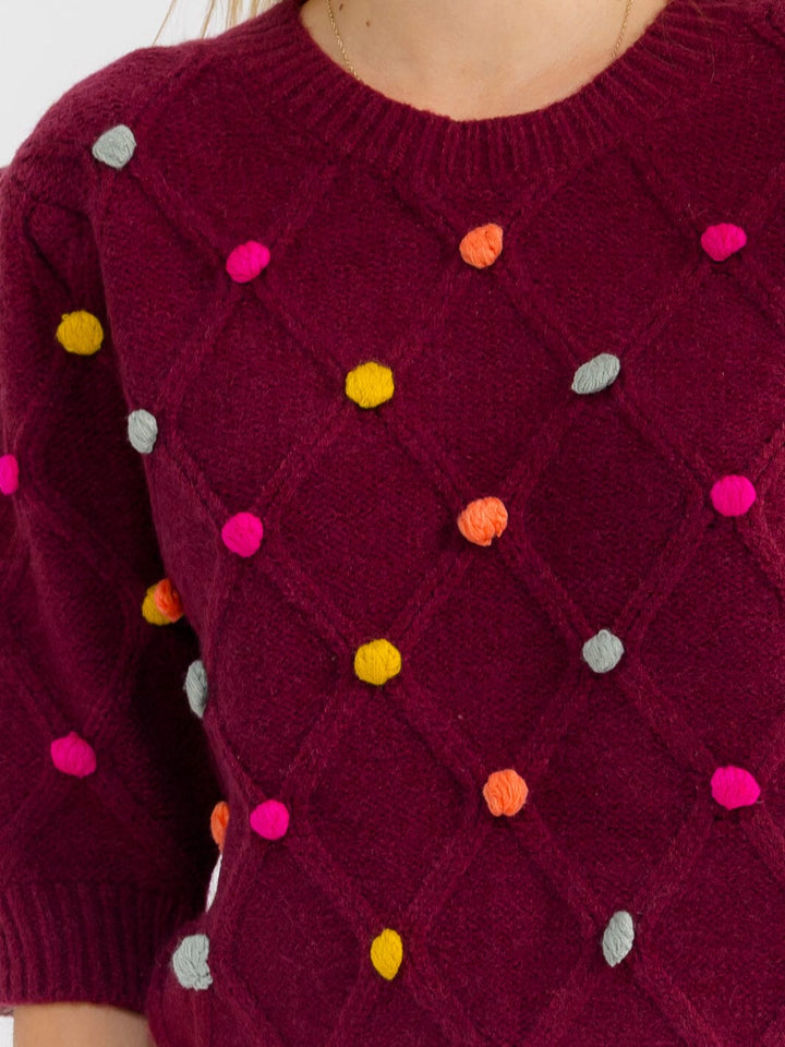 WOMEN'S SHORT SLEEVE POM POM DETAILED SWEATER BLOUSE