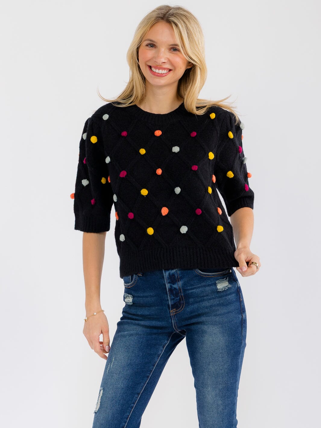WOMEN'S SHORT SLEEVE POM POM DETAILED SWEATER BLOUSE