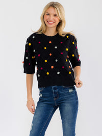 WOMEN'S SHORT SLEEVE POM POM DETAILED SWEATER BLOUSE